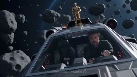 Spaceship with C-3PO-like figure evading pursuers in a dense asteroid field with a planet in the background.