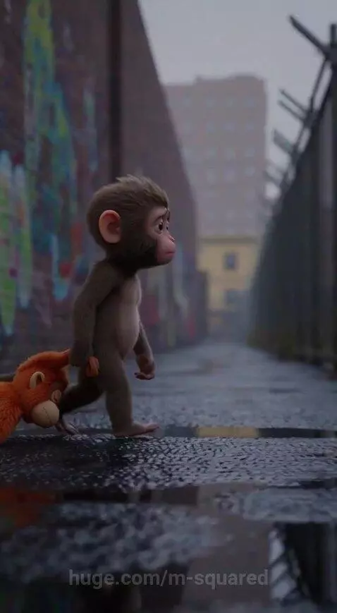 Animated sad monkey with a stuffed animal walking through a park at sunset.