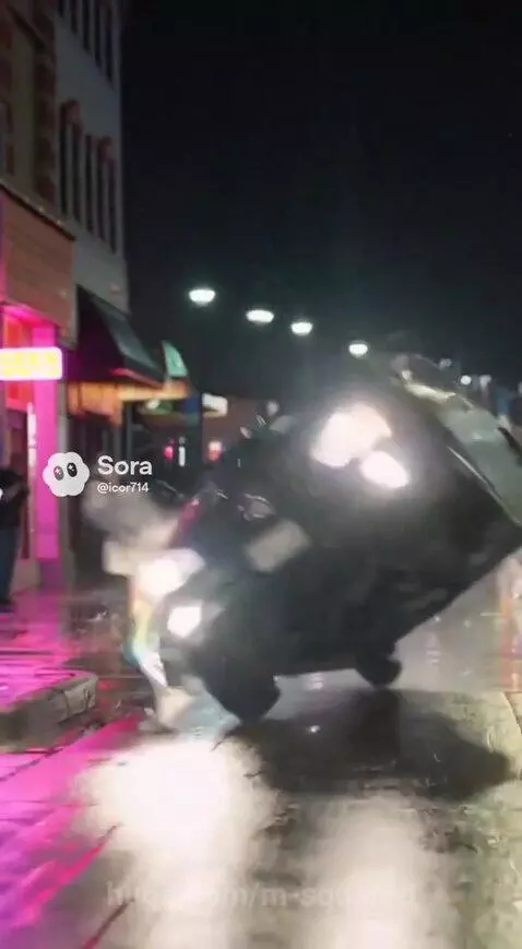 Woman with braids in sequined pants jaywalking on a wet city street at night with neon lights and a car flipping.