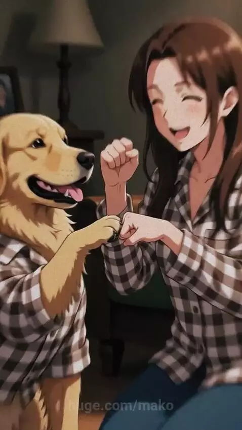 Anime girl and golden retriever dog wearing matching plaid shirts, fist bumping indoors and walking on a street.
