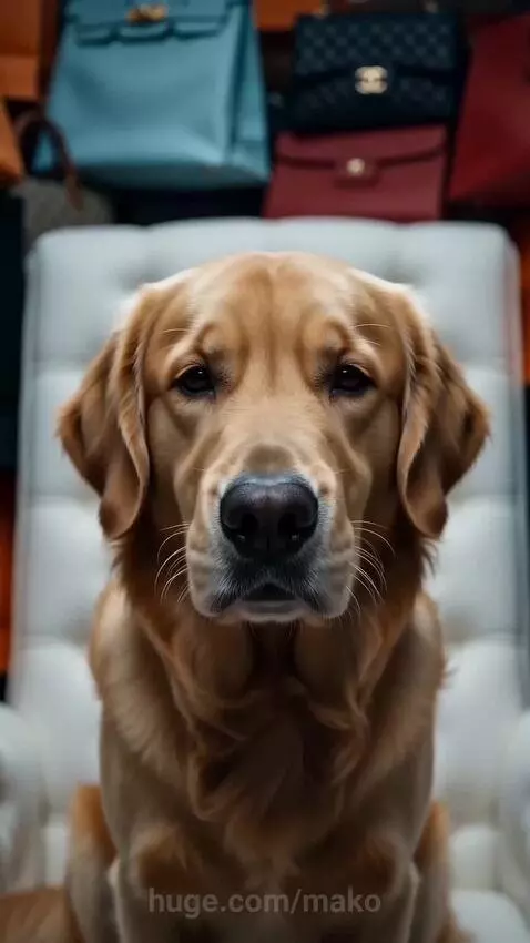 Golden retriever buried under a pile of luxury shopping bags with a phone, looking happy.