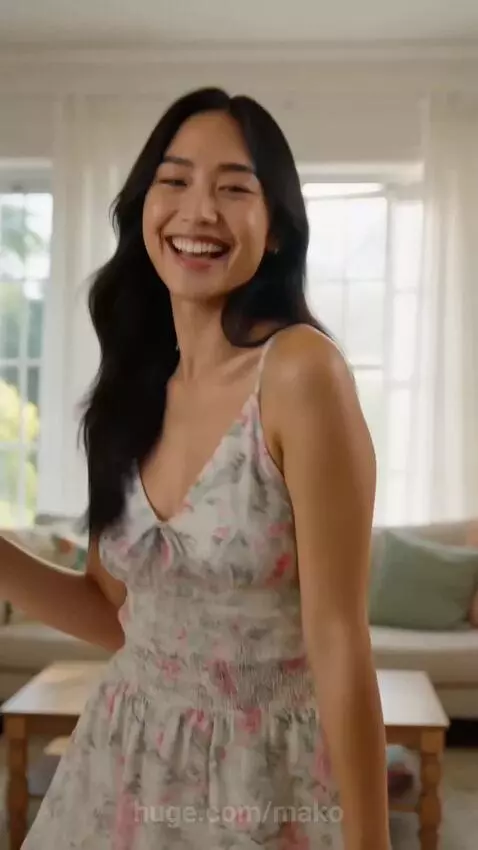 Young woman in a floral sundress dancing happily in a living room with her golden retriever dog.