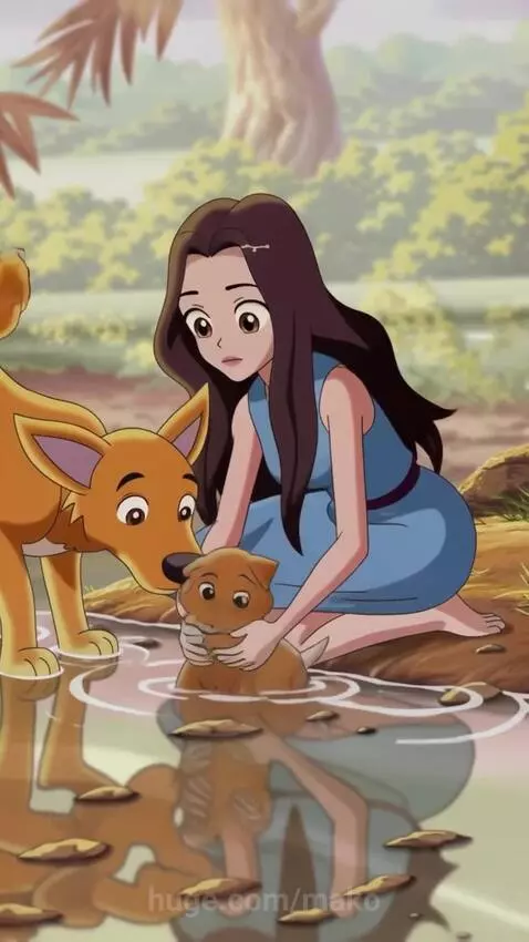 Animated woman in blue dress rescues a small brown puppy from a shallow stream, watched by a golden dog.