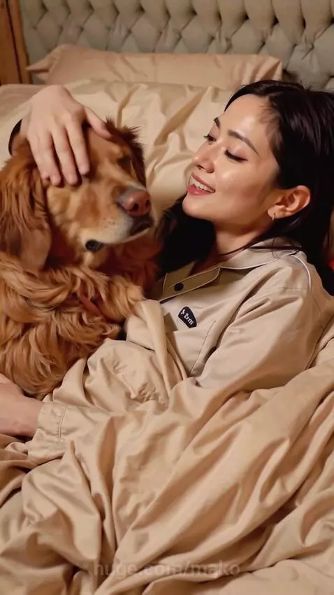 Woman in pajamas lying in bed, cuddling and kissing a golden retriever dog.