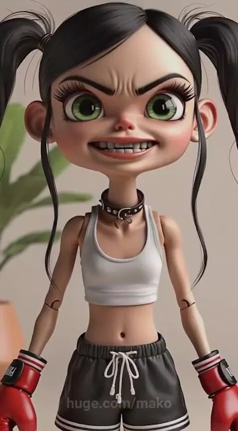 Animated girl with pigtails, boxing gloves, and a wide, unsettling grin, wearing a white crop top and grey shorts.