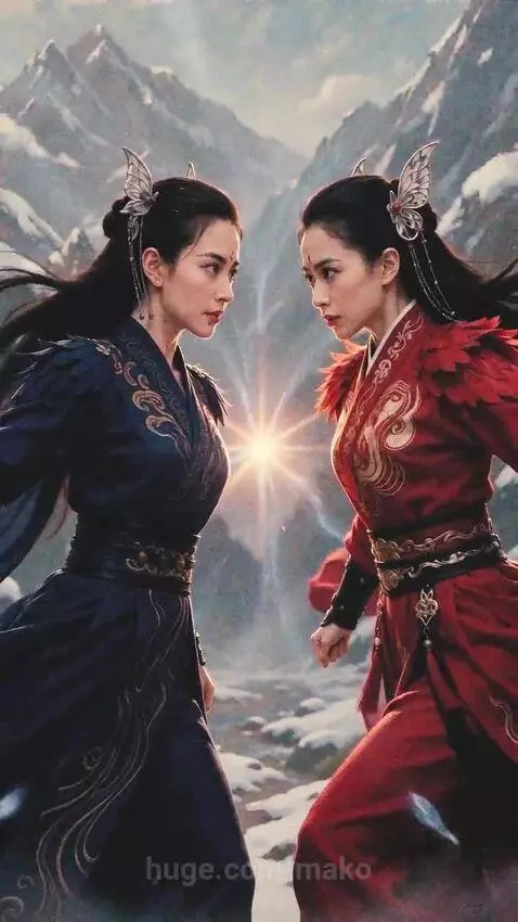 Two female archers, one in blue with ice powers, the other in red with fire powers, clash in a snowy mountain canyon.