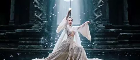 A woman in black and a woman in white with swords clash on a Yin-Yang symbol in a moonlit temple.
