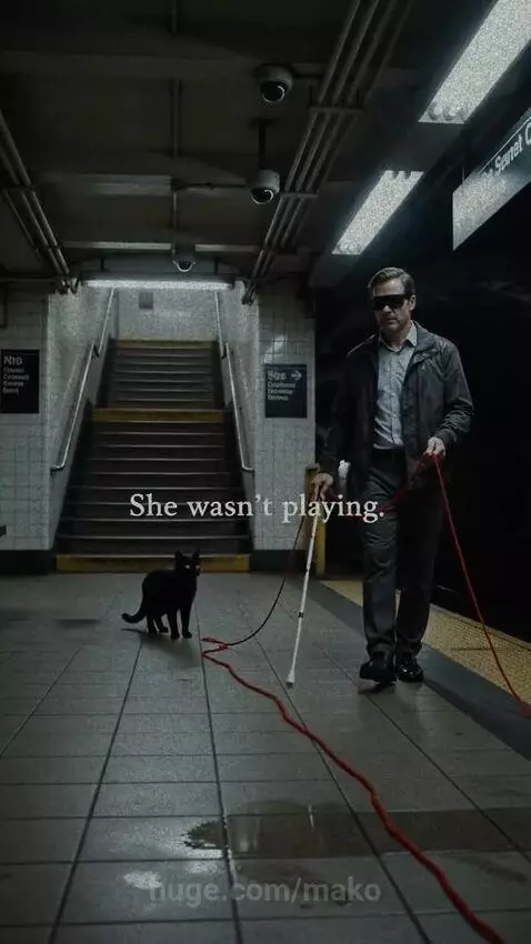 Black cat with a red ball of yarn leading a blind man with a white cane up subway stairs.