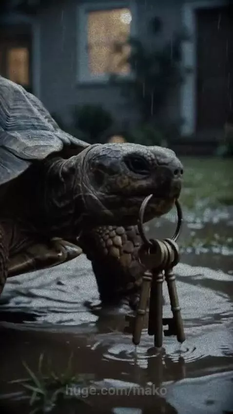 A turtle carrying keys in its mouth walks through puddles towards a house as a boy approaches.