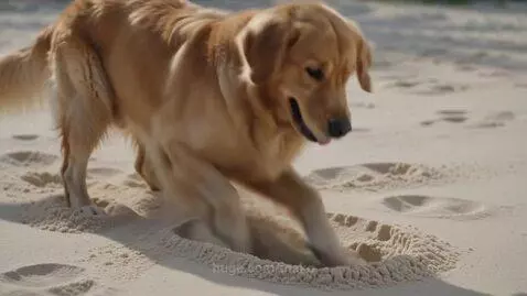 Golden retriever on a sandy beach bringing a bottle of sparkling soda to its owner.