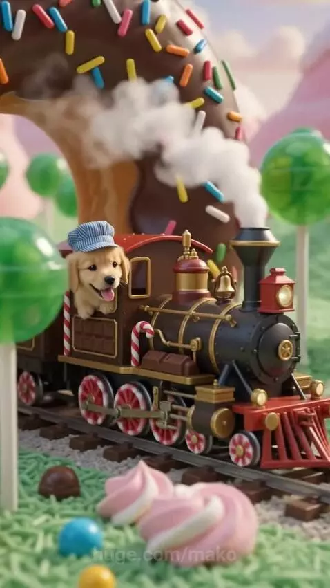 Animated candy train with a golden retriever puppy conductor in a whimsical landscape of sweets.