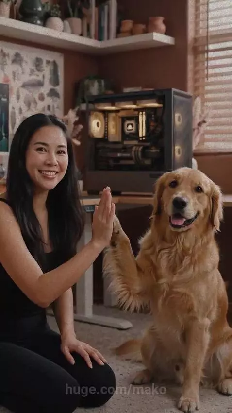 Golden retriever dog looking at a woman unboxing an ASUS x Noctua GeForce RTX 5080 graphics card for a ROG PC build.