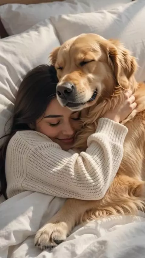 Woman and golden retriever dog Mako sharing happy moments outdoors, including a beach sunset.