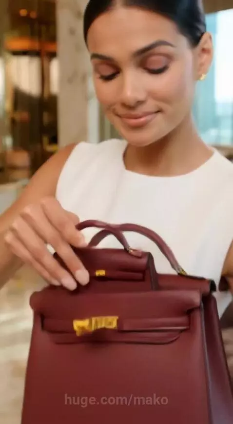 Woman holding a burgundy handbag that shrinks to a miniature size, revealing a smaller one inside.
