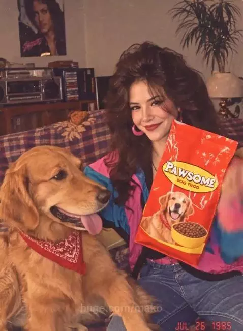 Woman in 80s attire kissing a Golden Retriever, holding a bag of Pawsome Dog Food.