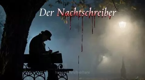 The title 'Der Nachtschreiber' with dripping blood against a foggy park background.