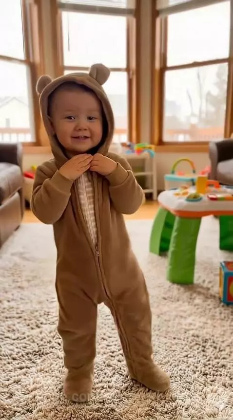 Baby wearing a brown bear hooded jumpsuit, smiling and making cute expressions on a shaggy rug.