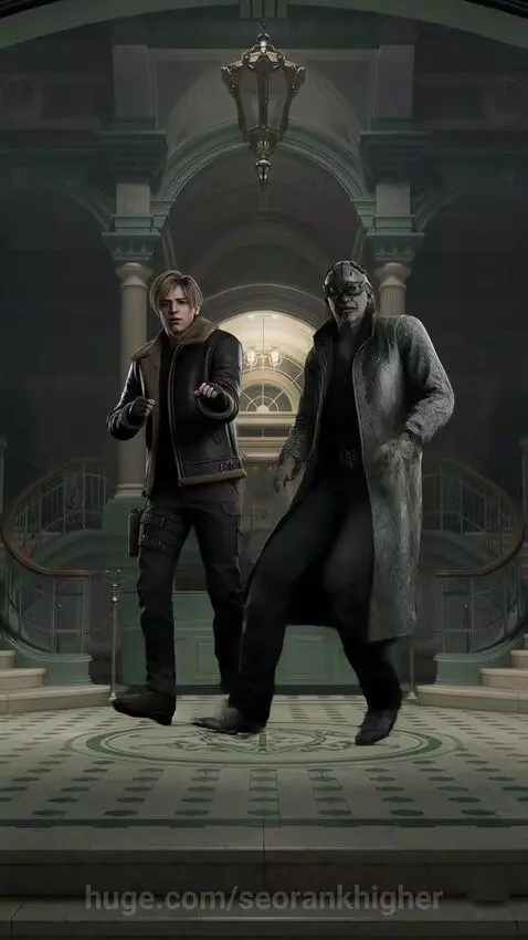 Animated characters resembling Resident Evil's Leon S. Kennedy and another in a long coat dancing in a grand hall.