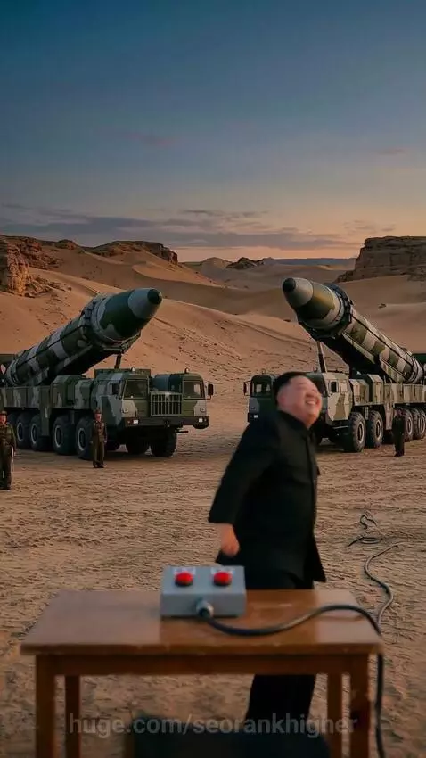 Kim Jong Un look-alike dancing with two red buttons in front of missiles.