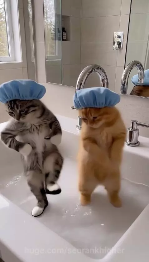 Tabby and ginger kittens wearing blue shower caps stand in a bathroom sink, with the tabby kitten appearing to dance.
