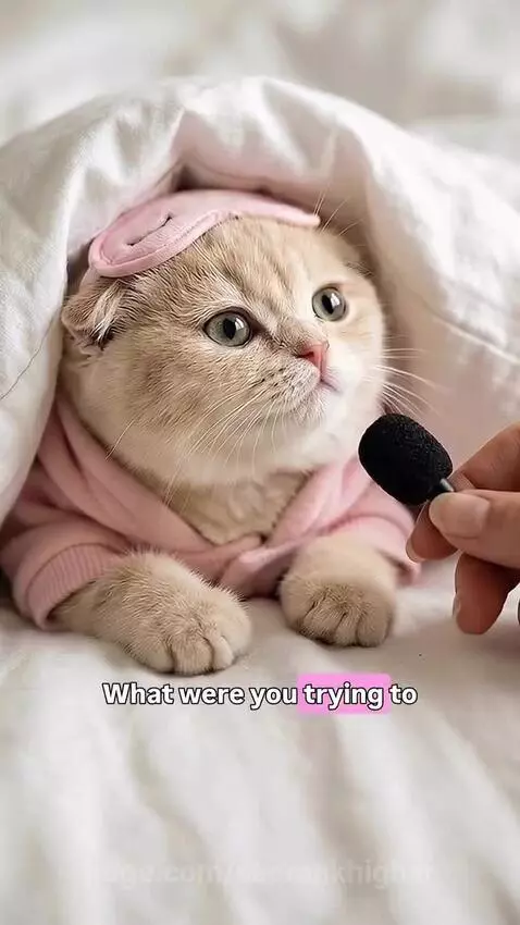 Light-colored kitten wearing a pink hoodie and sleep mask, being 'interviewed' with a microphone.