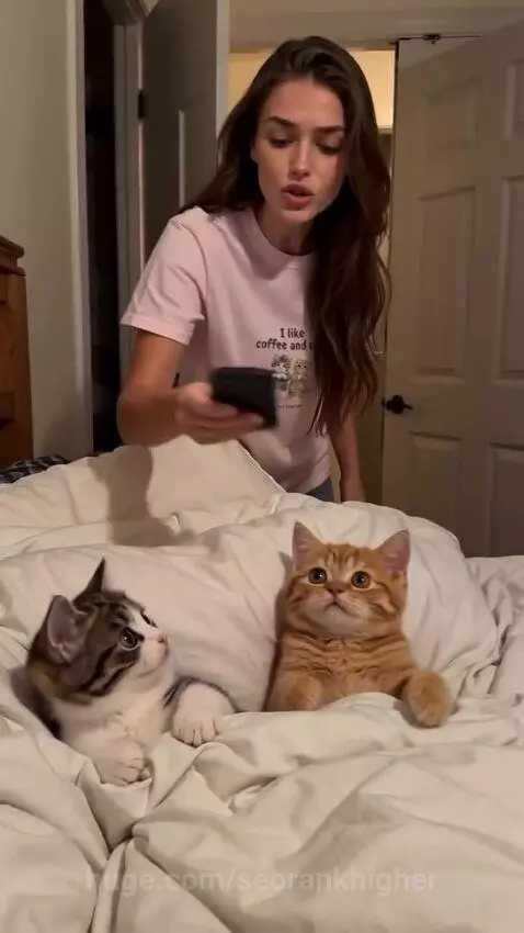 Two cute kittens lying on a bed, one holding a phone emitting blue light, before playing with a toy mouse.