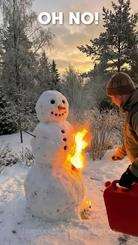 A partially melted, soot-covered snowman stands after being set on fire, with a glowing ice sculpture visible.