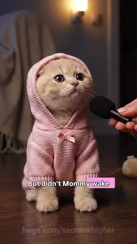 A light-colored kitten named Kiki wearing a pink hooded sweater sits on a wooden floor, with a microphone held near its face.