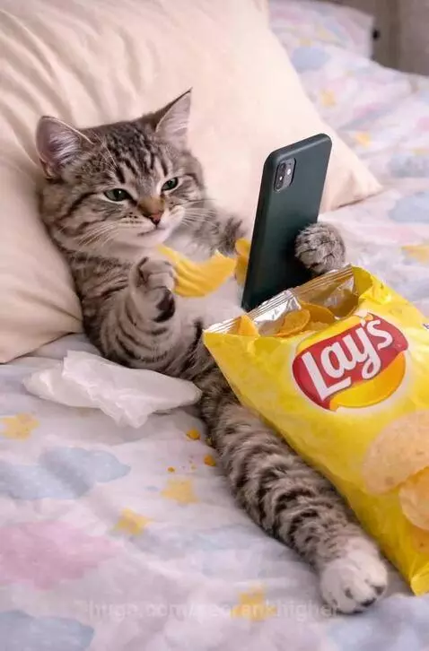 Tabby cat with green eyes lying on a bed, holding a phone and eating chips.