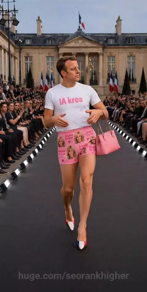 Man resembling Emmanuel Macron walks a fashion runway in high heels, pink shorts, and a white t-shirt.