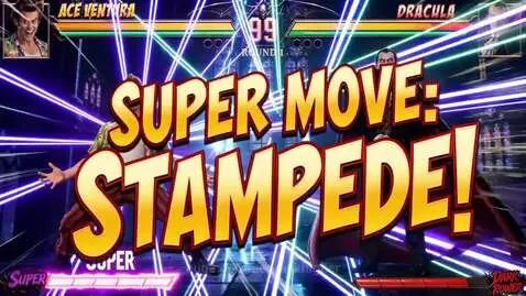 Ace Ventura performing a 'Stampede' move with animals against Dracula in a fighting game.