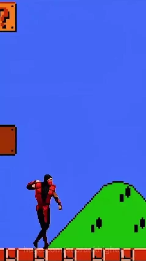 Scorpion from Mortal Kombat performing a fatality on a Goomba in a Super Mario Bros. level.