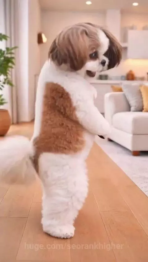 Fluffy Shih Tzu dog with bob haircut standing on hind legs, appearing to dance playfully.