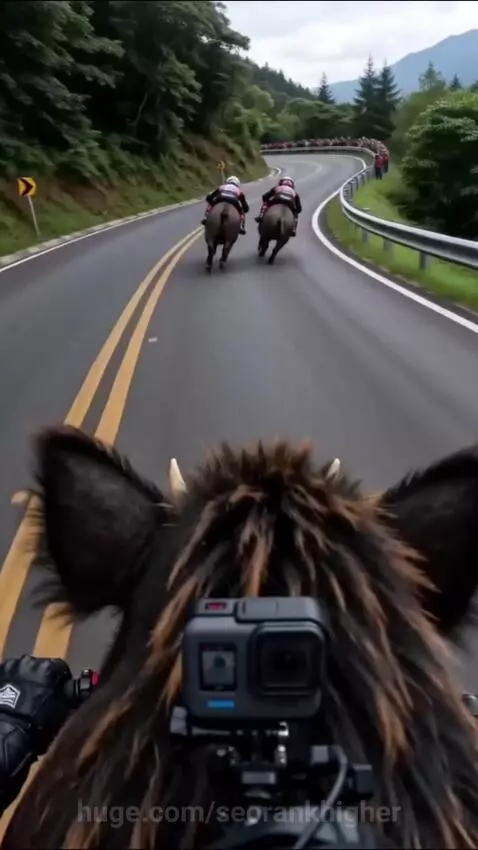 Rider on a wild boar leaning into a turn on a mountain road, sparks flying from hooves.