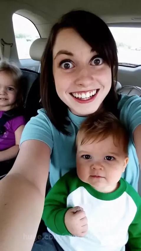 Woman in car with baby and child, announces new nanny job, child holds 'HELP!' sign.