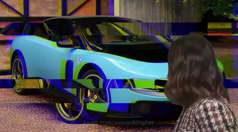 Woman with patterned jacket looking confused at a light blue Ferrari Luce concept car parked outside a modern house.