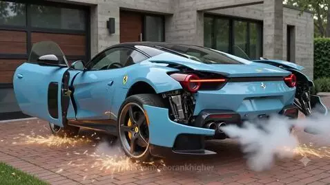 Light blue Ferrari transforming into a portable toilet with sparks and smoke, revealing a clean interior.