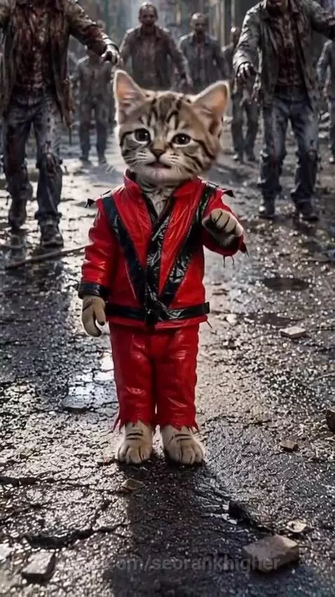 Tabby cat in a Thriller costume dancing on wet asphalt with blurry zombies in the background.