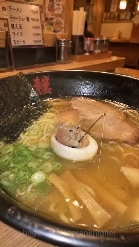 Animated kitten fishing for noodles in a steaming bowl of ramen