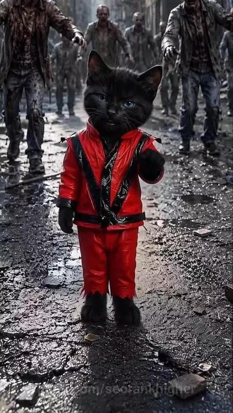 Black cat in Michael Jackson Thriller costume dancing on a wet street with zombies approaching.