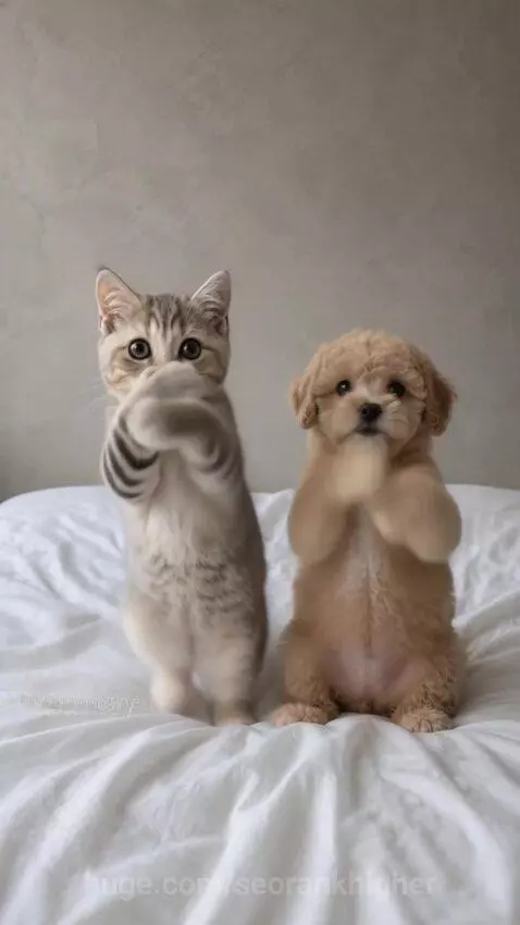A small tabby kitten and a light brown puppy stand on hind legs, facing each other and moving their paws together.