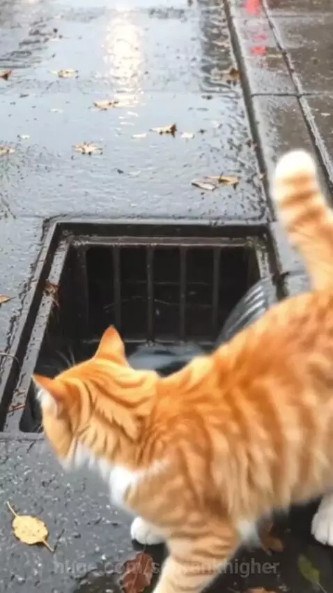 Adult cat watches anxiously as a woman rescues a kitten from a storm drain on a wet city sidewalk.