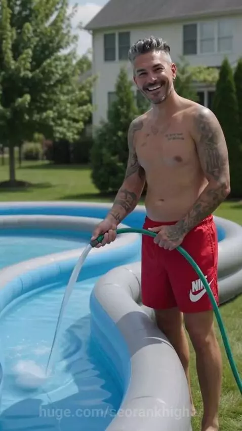 Man relaxing in a yellow inflatable tube in a figure-eight shaped water track on a green lawn.