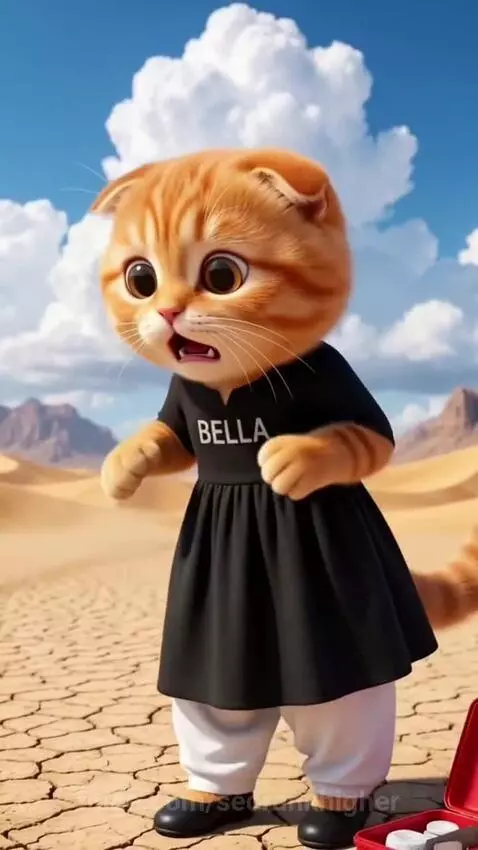 Animated cat Bella bandages a cobra's head in the desert, later rescued by an eagle.