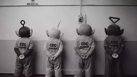 Teletubbies in prison jumpsuits, one giving a middle finger, in a black and white scene.