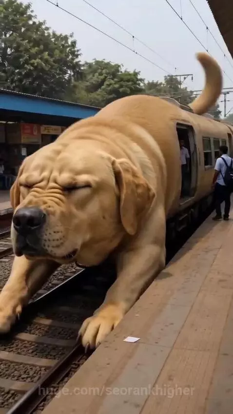 Animated golden retriever dog acting as a steam train at a railway station, with passengers on its back.