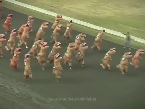 Dozens of people in inflatable T-Rex costumes racing on a dirt track at Emerald Downs.