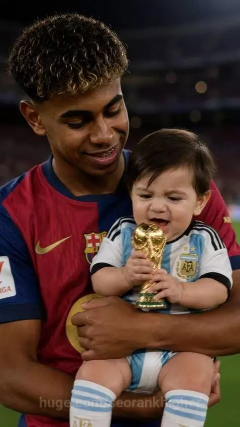 Father in Barcelona jersey smiles at baby in Argentina jersey playfully biting miniature World Cup trophy.