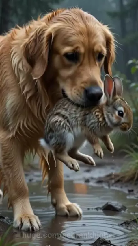 Golden retriever gently carrying a small rabbit towards a cozy cabin with a fireplace.
