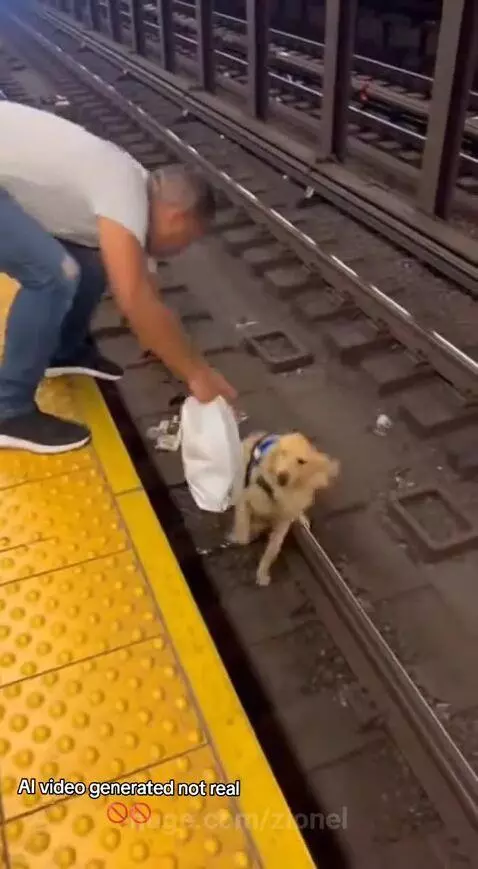 Golden retriever on subway tracks as a train approaches, man attempts rescue.
